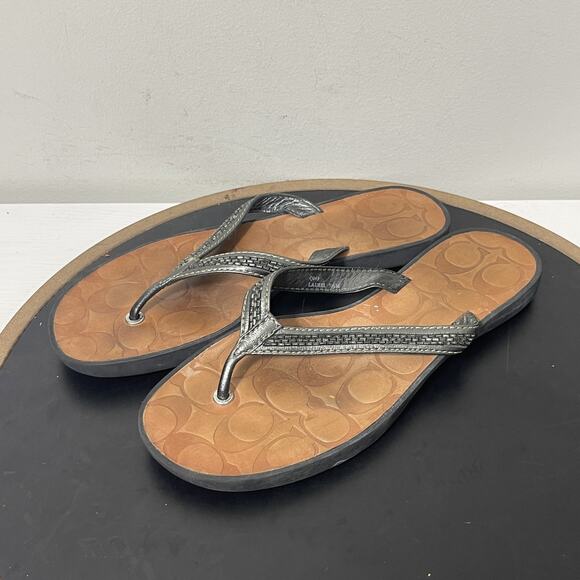 Coach Laurel Flip Flop Sandals Womens Size 7.5M Brown Black Logo Casual Beach - Picture 4 of 8